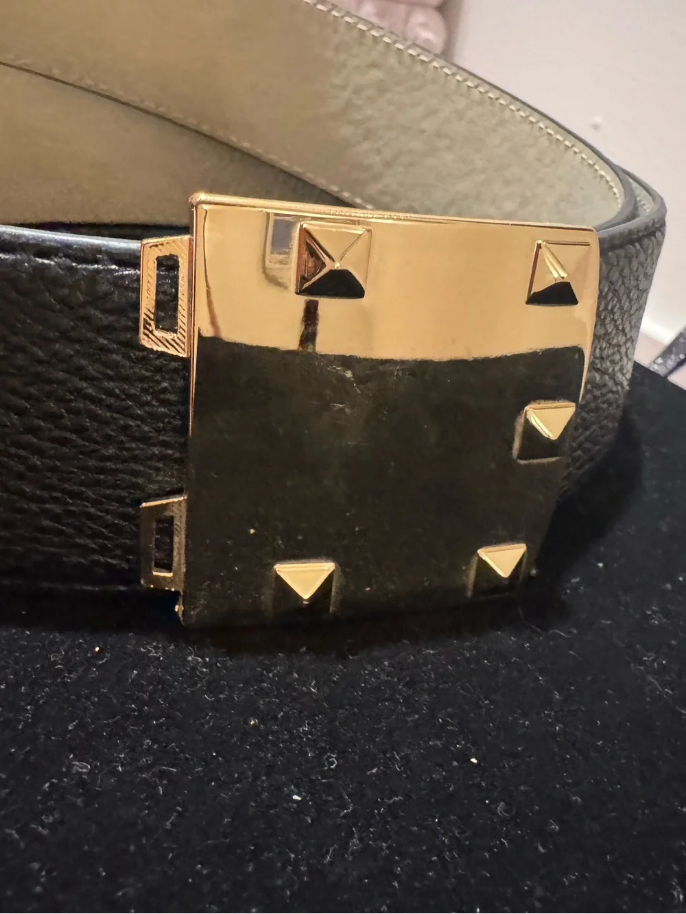 BCBG Black Faux Leather Belt with Gold Pyramid Stud Buckle. 34” long.